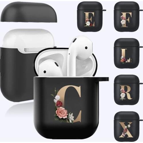Cute Floral Gold Initial Letter Pattern Case for Apple Airpods 1st/2nd Gen Black Silicone Wireless Bluetooth Earphone Box Cover