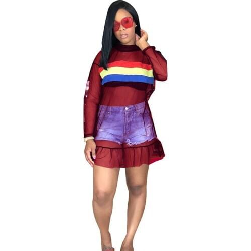 Black Sheer Mesh Dress Women O-Neck Striped Long Sleeve Loose T Shirt Summer Casual Dress Sexy Party See Through Beach Sundress