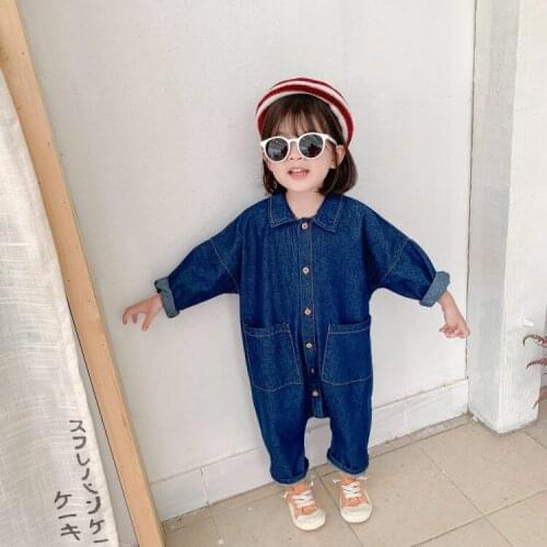FOCUSNORM 1-5Y Lovely Autumn Baby Girls Denim Jumpsuits Long Sleeve Back Pattern Printed Single Breasted Pants