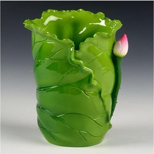 Creative Lotus Leaf Pencil Vase Ornaments Ceramic Incense Canister Prayering Buddha Supplies Office Desk Art Decoration 15x11cm
