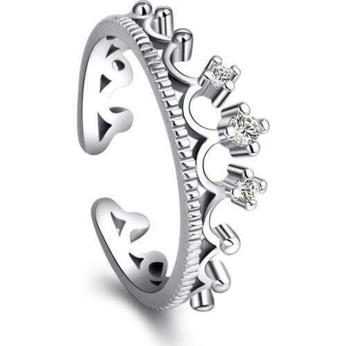 100% 925 sterling silver fashion crown shiny crystal adjustable size finger rings women jewelry wholesale gift drop shipping