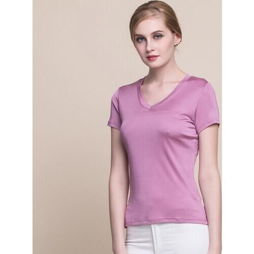 Summer Women 100% Real Silk T-shirt Casual Knitted Short Sleeve Shirts Comfortable Breathable Loose V-neck T-shirts 1008