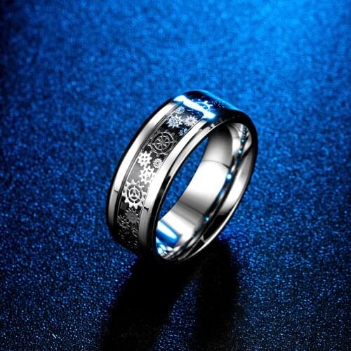 Mens 8mm stainless steel Rings Wedding Band Gear Wheel Blue Carbon Fiber Inlay Fashion Jewelry Comfort Fit