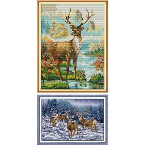Deers Printed Cross Stitch Kits 11CT 14CT Animals Patterns DMC Fabric on Canvas Counted Chinese Embroidery Sets for Decorations