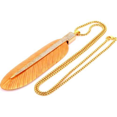 New Fashion Amazing Long Feather Bone Pendant Unique Design Hematite Bead Necklace With CZ Micro Pave Pendant Jewelry