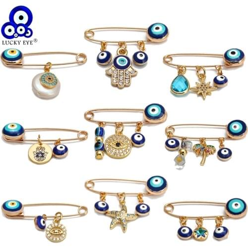 Lucky Eye Blue Turkish Evil Eye Brooch Pin Gold Color Copper Fatima Hand Heart Pearl Charm Brooch for Women Girls Jewelry BE196