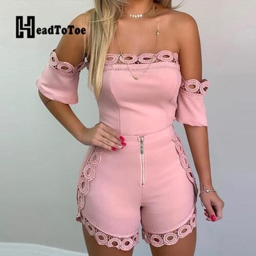 Sexy Off Shoulder Hollow Out Lace Detail Two Pieces Set Short Sleeve Tops & Zipper Fly Shorts Casual 2 Piece Outfits