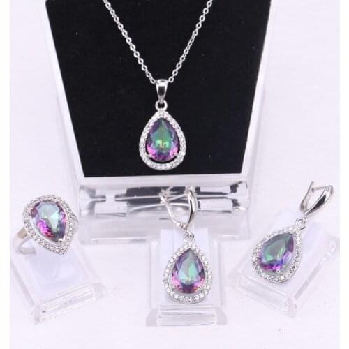 Silver 925 Necklace Earring Set Rainbow Drop Jewelry Sets For Women Fashion Earrings Ring Pendant Necklace Set Wedding Jewelry
