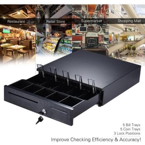 Heavy Duty Electronic Cash Drawer Box Case Storage 5 Bill 5 Coin Trays Check Entry Support Auto Manual Open Key-lock RJ11