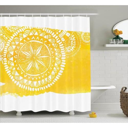Yellow Shower Curtain Mandala Artwork Geometric Floral Style Oriental Ethnic Illustration Print Bath Curtains for Bathroom Decor