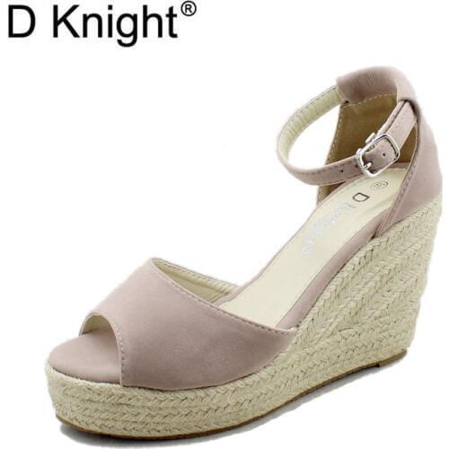Hot Selling Womens Casual Platform High Heels Wedge Sandals Ladies Concise Ankle Strap Straw Braid Rome Sandals Big Size 32-44