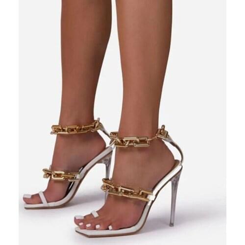 2021 Summer Fashion Catwalk High Heels Large Size Sandals Female Chain Square Women Pumps Open Toe Stiletto Party Shoes