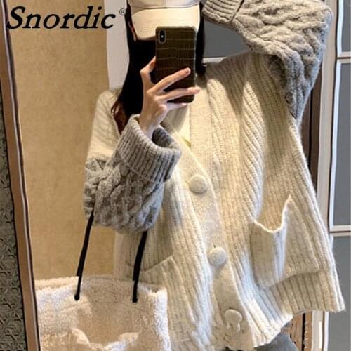 2021 Women Patchwork Beige Twist Sweater Coat Jacket Autumn Winter Knitted Single Breasted Loose Overcoat Outwear Pockets