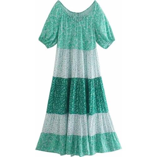 Autumn Women Vintage MIDI Long Dress Print Half Sleeve O-Neck Bow Tie Female Elegant Street Maxi Dresses Party Beach Wear