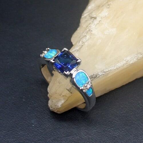 Hermosa Blue Sapphire Mystical Opal Rare Genuine 925 Silver Band Ring Wedding Engagement Gifts for Women Size 6.5# 20214349