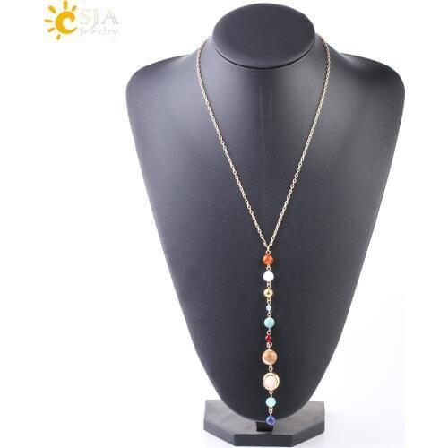 CSJA Women Pendant Necklace Universe Galaxy Eight Planets Solar System Guardian Star Natural Stone Necklaces Sweater Chain S241