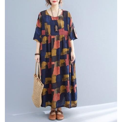 Women Maxi Dress Summer Vintage High Waist Printed Pockets Oversized Boho Casual Loose Dress Holiday Beach Dresses Robes Femme