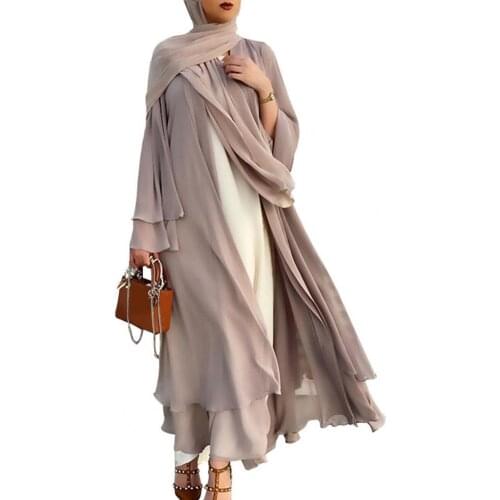 Women Dress Robe Simple Open Front Chiffon Double Layer Solid Color Belt Long Robe Dress for Daily Life robe femme Summer 2021