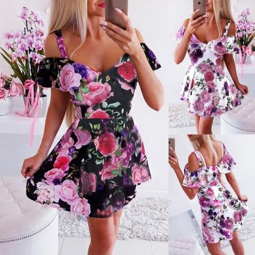 Boho Ruffles Vintage Floral Print Summer Off Shoulder Mini Dress Party Women Casual Spaghetti Strap Beach Holiday Vestidos