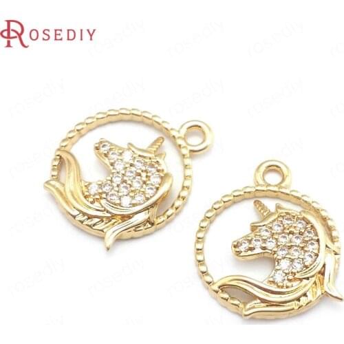 40619)10PCS 24K Champagne Gold Color Brass and Zircon Unicorn Charms Pendants Jewelry Making Supplies Diy Findings Accessories
