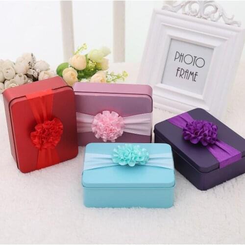 2pcs/lot Large Capacity Rectangular Tinplate Wedding Candy Box Ribbon Flower Personality Birthday Party Gift Candy Box