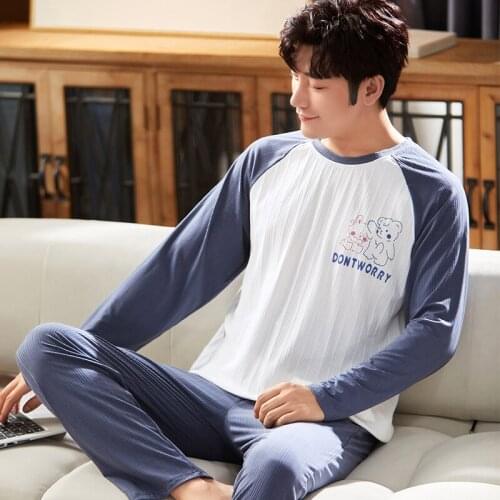 2 Pieces Cotton Pajamas Set Autumn Winter Man Sleepwear Blue Patchwork Long Sleeve Nightwear Cartoon Couple Bears Men Pajamas