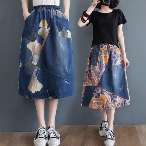 2021 Women Spring Summer Vintage Plus Size Denim Skirt Female Pocket High Wasit A-line Skirt Lady Casual Embroidery Faldas D864