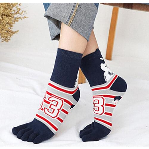 Cute Five Fingers Socks for Women Mid Calf Pure Cotton Cartoon Animal Dog Striped Polka Dot Socks Candy Color calcetines mujer