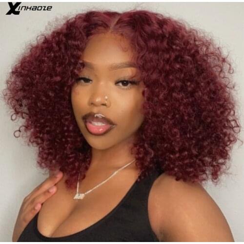 99j Burgundy Short Kinky Curly 13x4 Lace Front Human Hair Wig Red 4x4 Lace Closure Wig Brazilian Remy Pre Plucked With Baby Hair