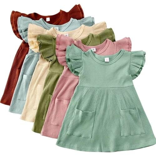 Citgeett Summer Solid 1-4Y Kid Baby Girls Cute Dress Solid Ruffles Sleeve Pocket Knee Length A-Line Dress