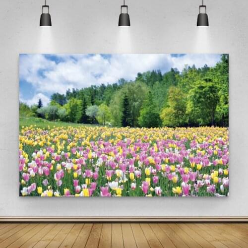 Laeacco Natural Scenery Photography Backdrops For Room Decro Park Trees Sky Cloud Tulips Photography Backgrounds For Photozone