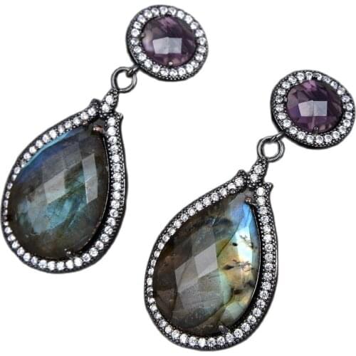 GG Jewelry Natural Teardrop Flash Labradorites Purple Crystal Cz Pave Gunmetal Color Plated Stud Earrings Vintage For Women