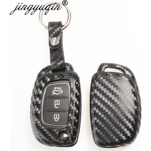 Jingyuqin Carbon Fiber Car Silicone Key Case For Hyundai Creta I10 I20 Tucson Elantra Santa Fe 3 Button Remote Flip Fob Cover