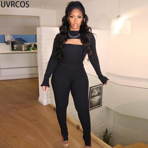 UVRCOS Women Clothes 3 Piece Set Womens Matching Outfits Hot Streetwear Knitting Cut Out Long Sleeve Tops+Camisole+Stretch Pants