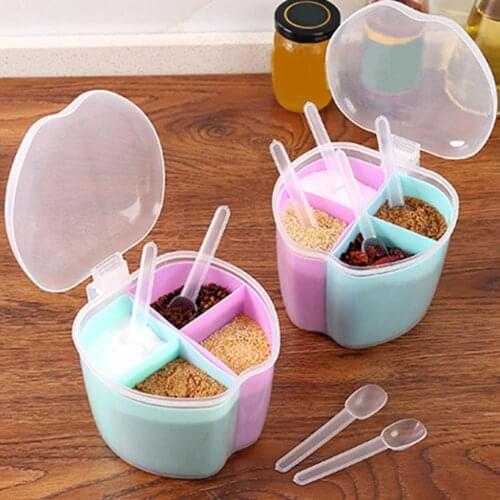 3/4 Grids Plastic Seasoning Jar Apples Design Storage Bottle Salt Spice Storage Box Holder Home Kitchen Storage Organizer