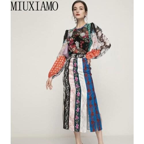 MIUXIMAO 2021 Summer Spring Designer New Suits Dot Flower Print Chiffon Shirt + Fringe Skirt Vintage Elegant 2 Piece Set Vestido