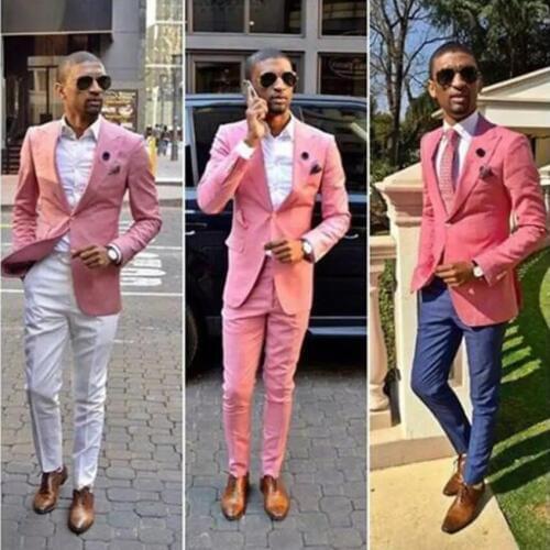 Wedding Tuxedos Pink One Button Groom Suits Mens Groomsmen Slim Fit Best Man Prom Celebrity Wedding Suit (Jacket +Pant)