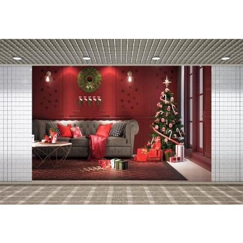 Lyavshi Red Chic Wall Christmas Tree Wreath Child Photographic Interior Scenic Sofa Background Poster Backdrops Photo Studio
