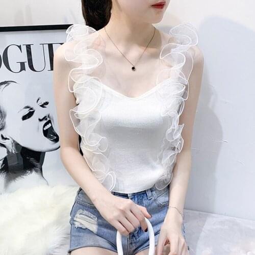 Spring Summer Women Sexy Tank Tops Lace Camisole Splicing V-neck Vest Plain Sling Slim Camis Solid Colors Vest