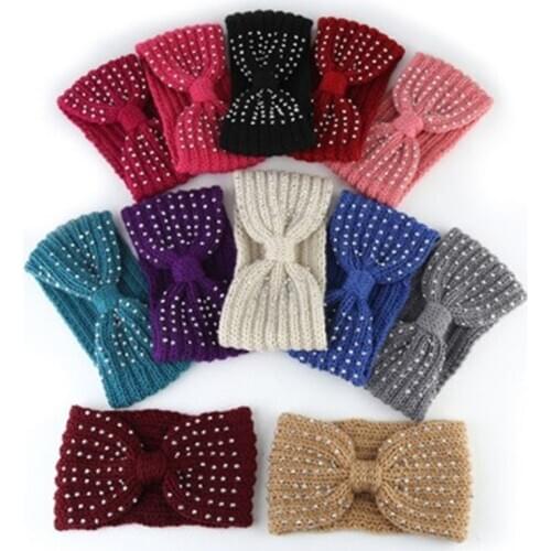 MISANANRYNE 2020 New Winter Warmer Ear Knitted Headband Bow Rhinestone Headwear For Women Girls Solid Turban Hair Band Head Warp