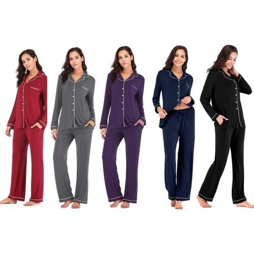 New 2 Pieces of Modal Ladies Spring Cotton Home Wear Line Trim Lapel Long Sleeve Shirt + Elastic Waist Pants Pajamas Suit