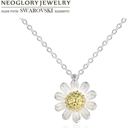 Neoglory S925 Sterling Silver Pendant Flower Necklace Collar Charm Choker Statement Bijoux For Women Romantic Cute Gift