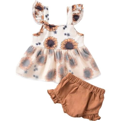 OPPERIAYA Kids lovely Baby Girls Mesh Dress solid Shorts Suit Fly Sleeve Sunflower Printed Vest Party Street Summer 2-Piece Suit