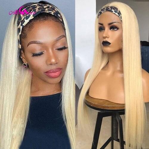 613 Blonde Color Glueless Headband Wig 150% Density Straight Brazilian Remy 613 Pink Glue Human Hair Wigs For Black Women