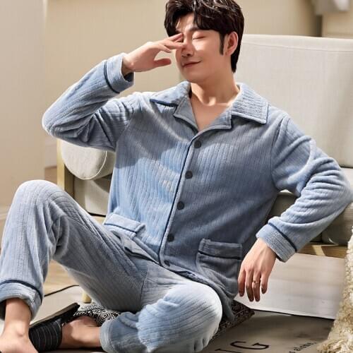 New Winter Thicken Warm Soft Flannel Pajamas Sets for Men Night Pijamas Male Long Sleeve Pyjamas Sleepwear Suit Casual Homewear