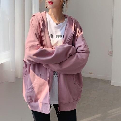 Casual Coat Fashion All-match Loose Hoodies Sportswear Women 2021 Spring Autumn New Student Long Sleeve Zip-up Solid Sweatshirt