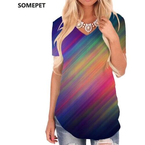SOMEPET Psychedelic T Shirt Women Colorful Tshirts Printed Creativity Shirt Print Harajuku V-neck Tshirt Womens Clothing Summer