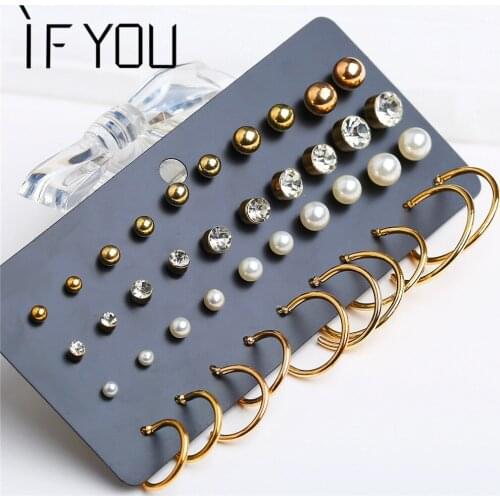 20 pcs/Set Fashion Geometric Crystal Small Stud Earrings Set For Women Female Mix Gold Color Big Round Brincos Earring Jewelry