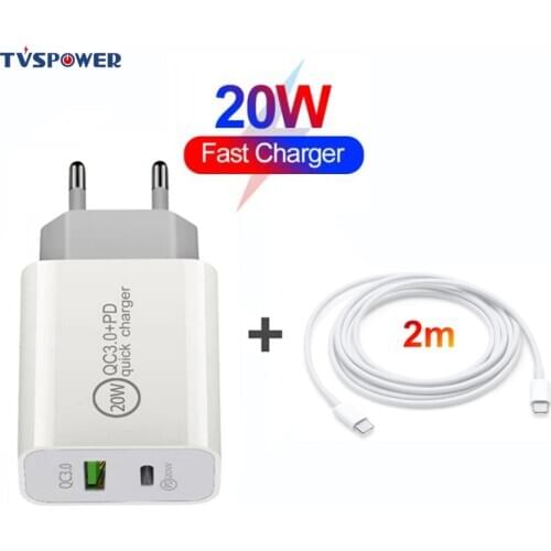 20W Dual PD Quick Charge 18W+QC 3.0 USB Charger for iPhone 12 X Xs 8 Xiaomi Phone PD Charger USB C Charging 2M USB-C Cable