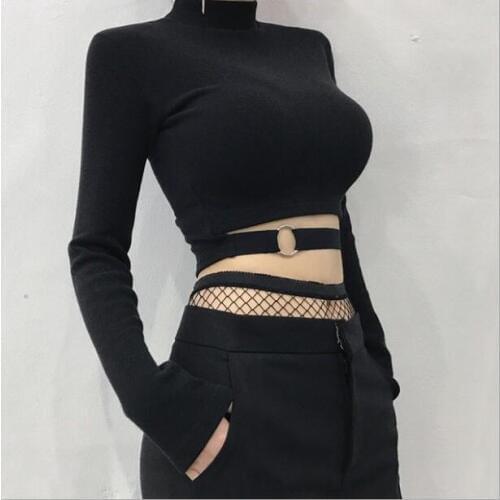 Solid Black Punk Hollow Out T-shirt Crop Tops Tee 2019 Fashion Women Summer New Long-sleeved Bandage Ring T Shirts Female tshirt